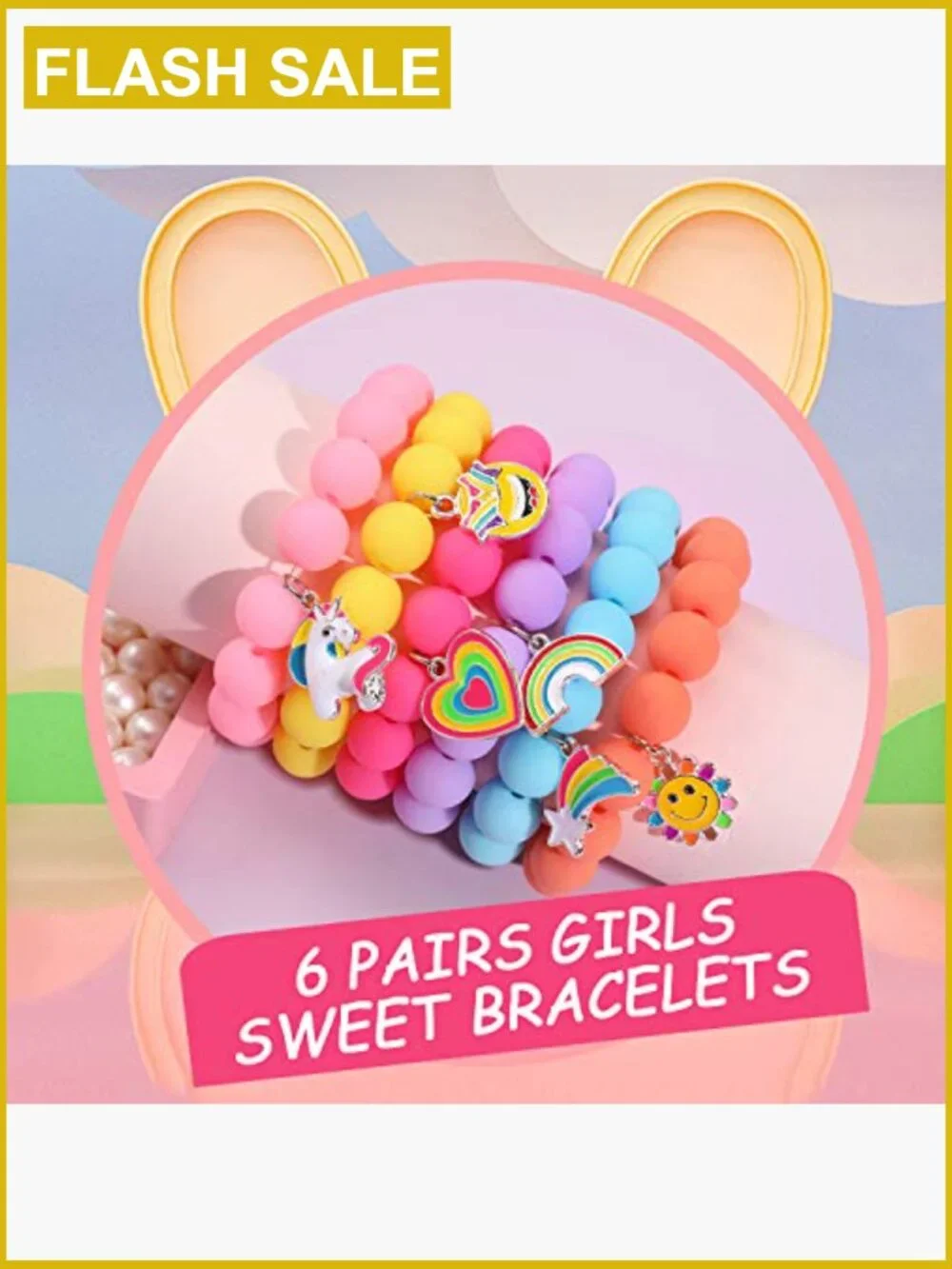 6Pc Beaded Charm Bracelets Set, Rainbow Monster Unicorn Friendship Bracelets